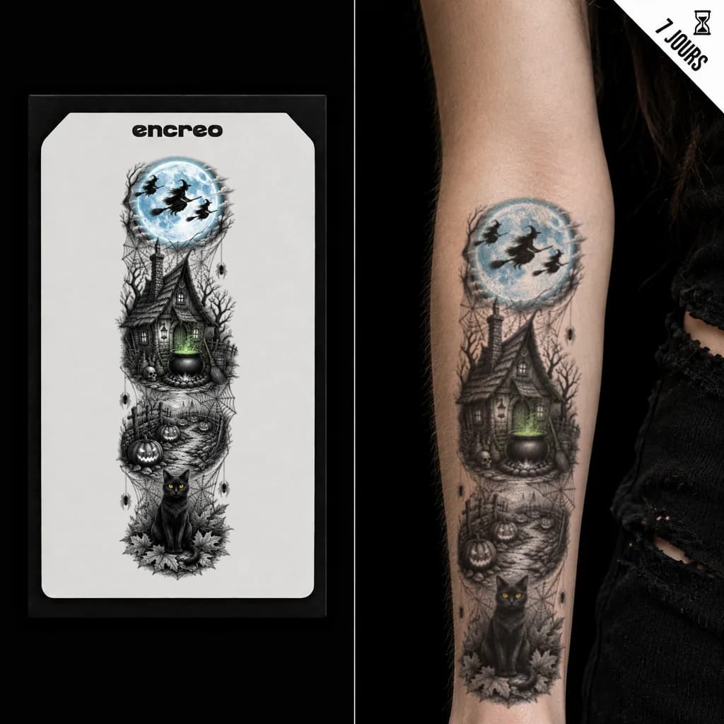 MANCHE SORCIÈRE ET MAISON - TATOUAGE TEMPORAIRE