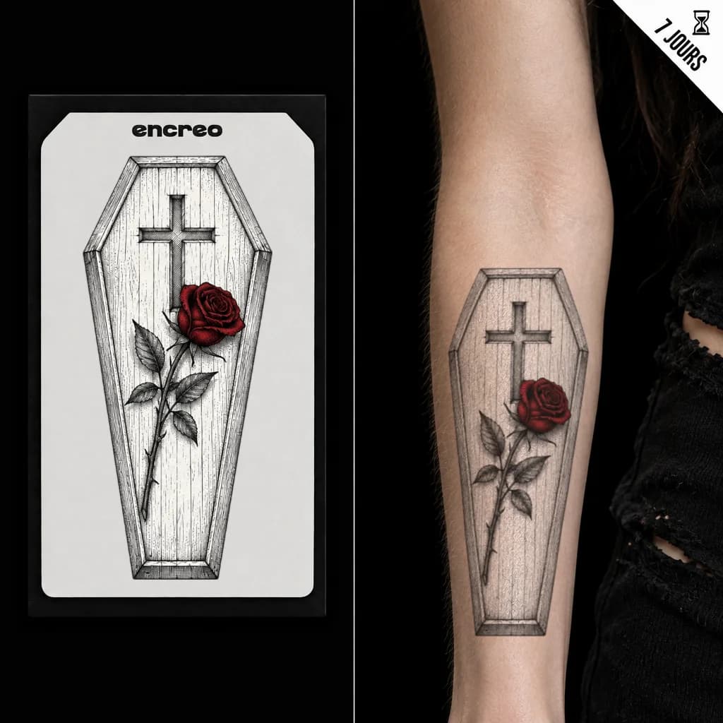 CERCUEIL CROIX ET ROSE - TATOUAGE TEMPORAIRE
