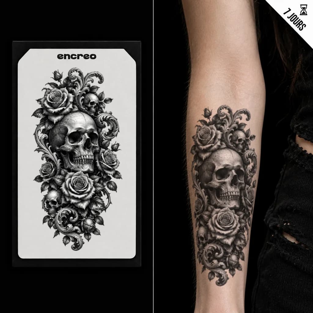 CRÂNE ORNEMENTAL ROSES - TATOUAGE TEMPORAIRE