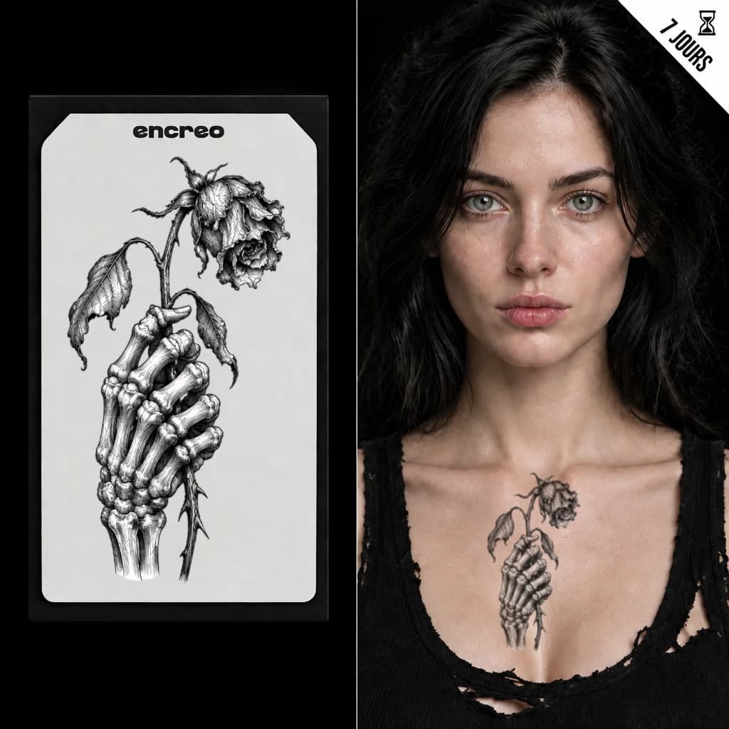MAIN SQUELETTE ROSE FANÉE - TATOUAGE TEMPORAIRE — visuel 1