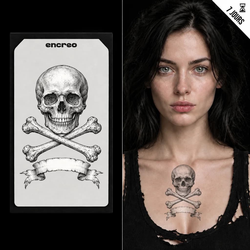 CRÂNE TIBIAS ET BANDEROLE - TATOUAGE TEMPORAIRE — visuel 1