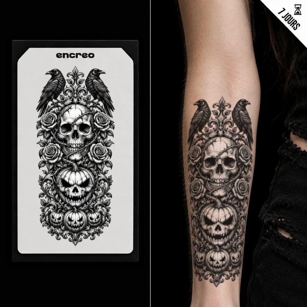 CRÂNE ORNEMENTAL CORBEAUX - TATOUAGE TEMPORAIRE